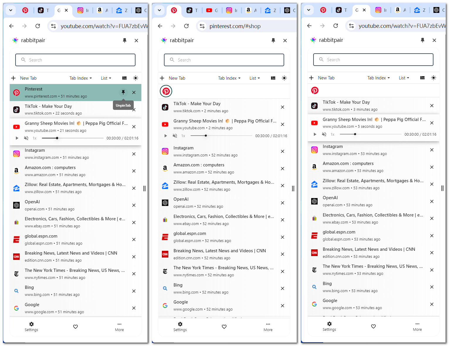 아이콘으로 표시된 고정 탭