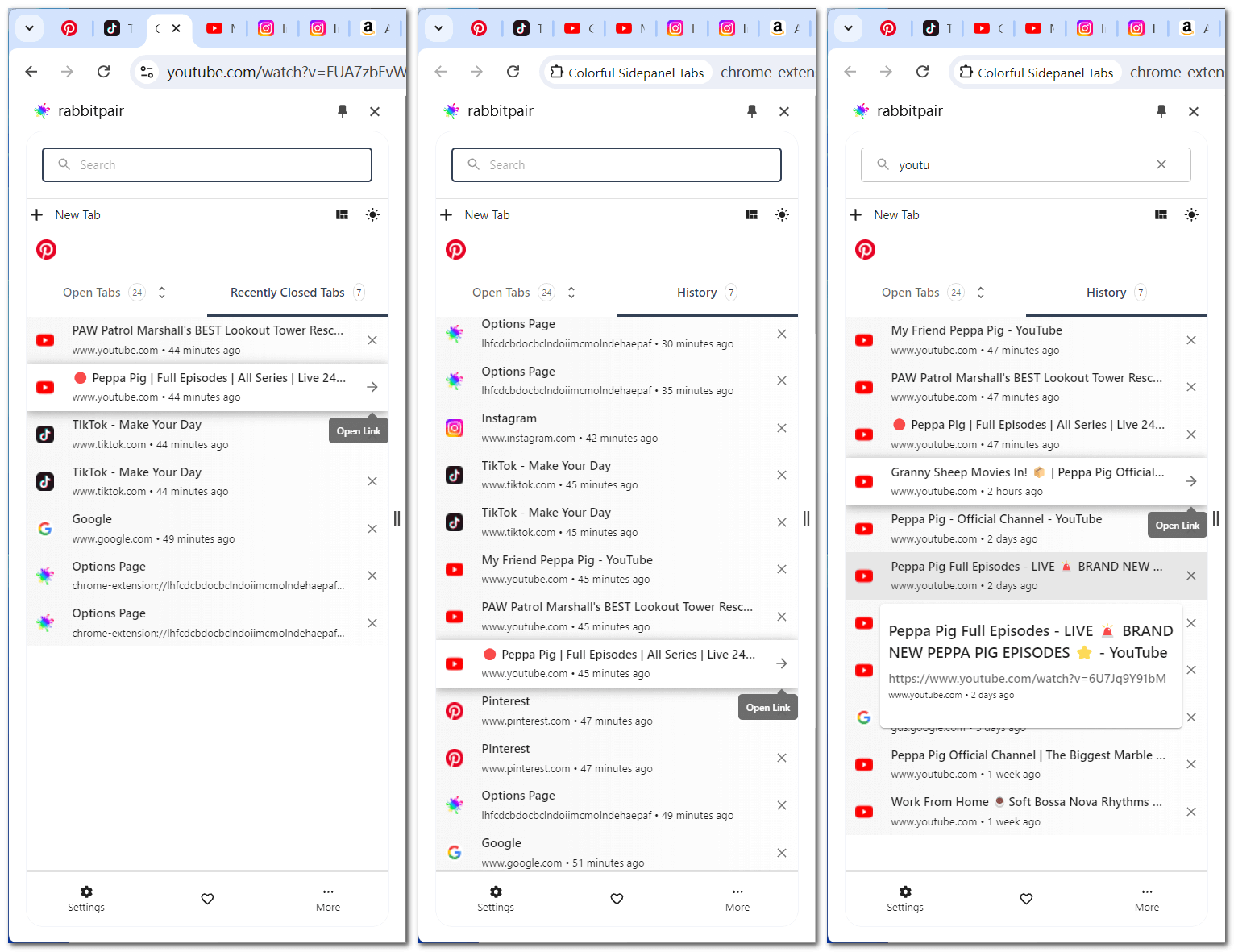 Zijbalk toont recent gesloten tabbladen of geschiedenis