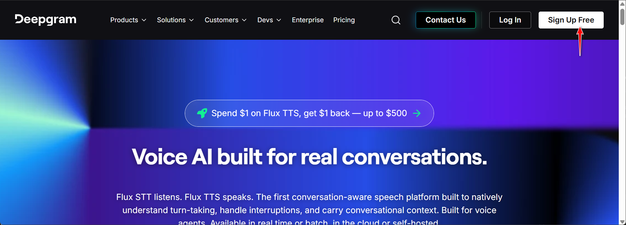Deepgram homepage — click Sign Up Free in the top right
