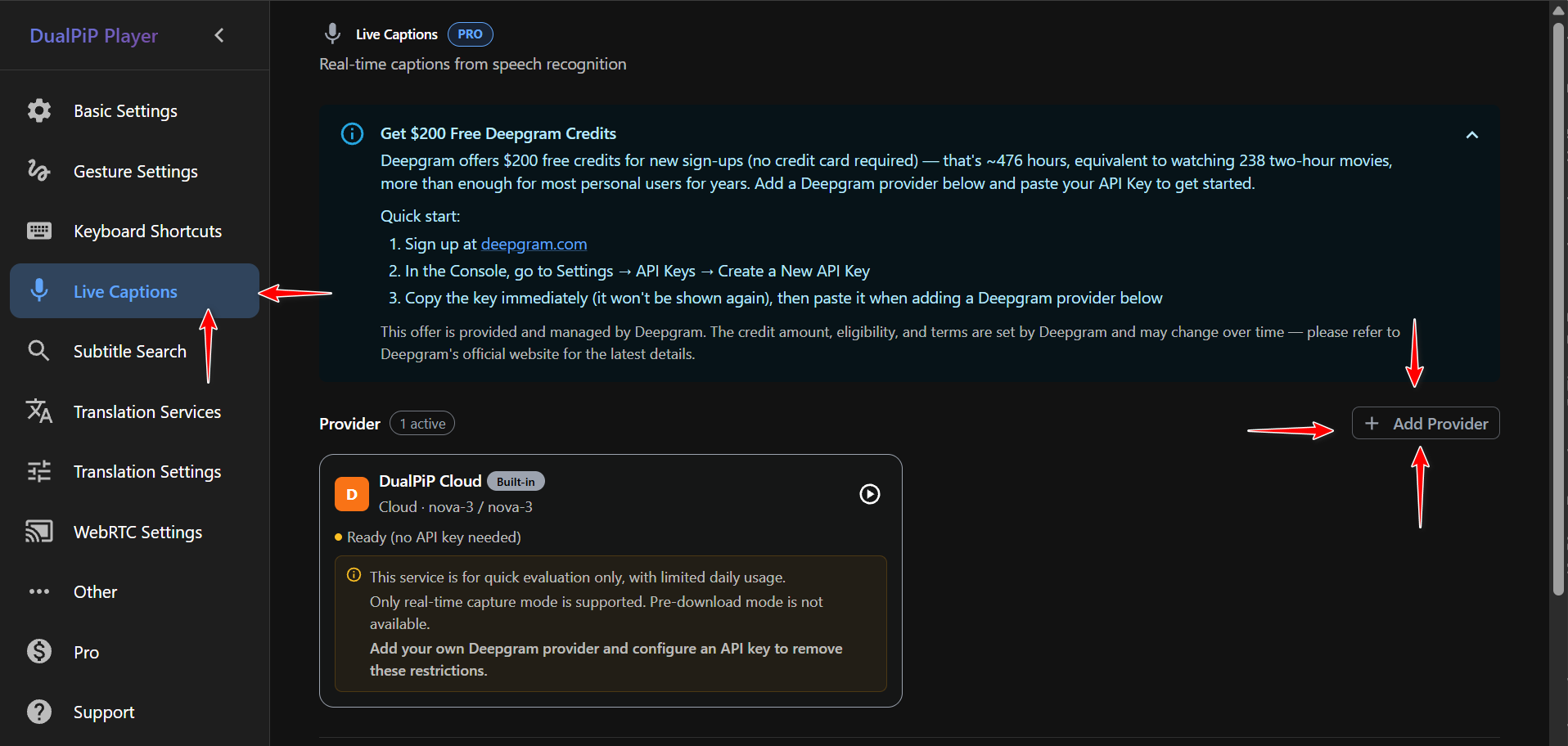 DualPiP Live Captions — click Add Provider