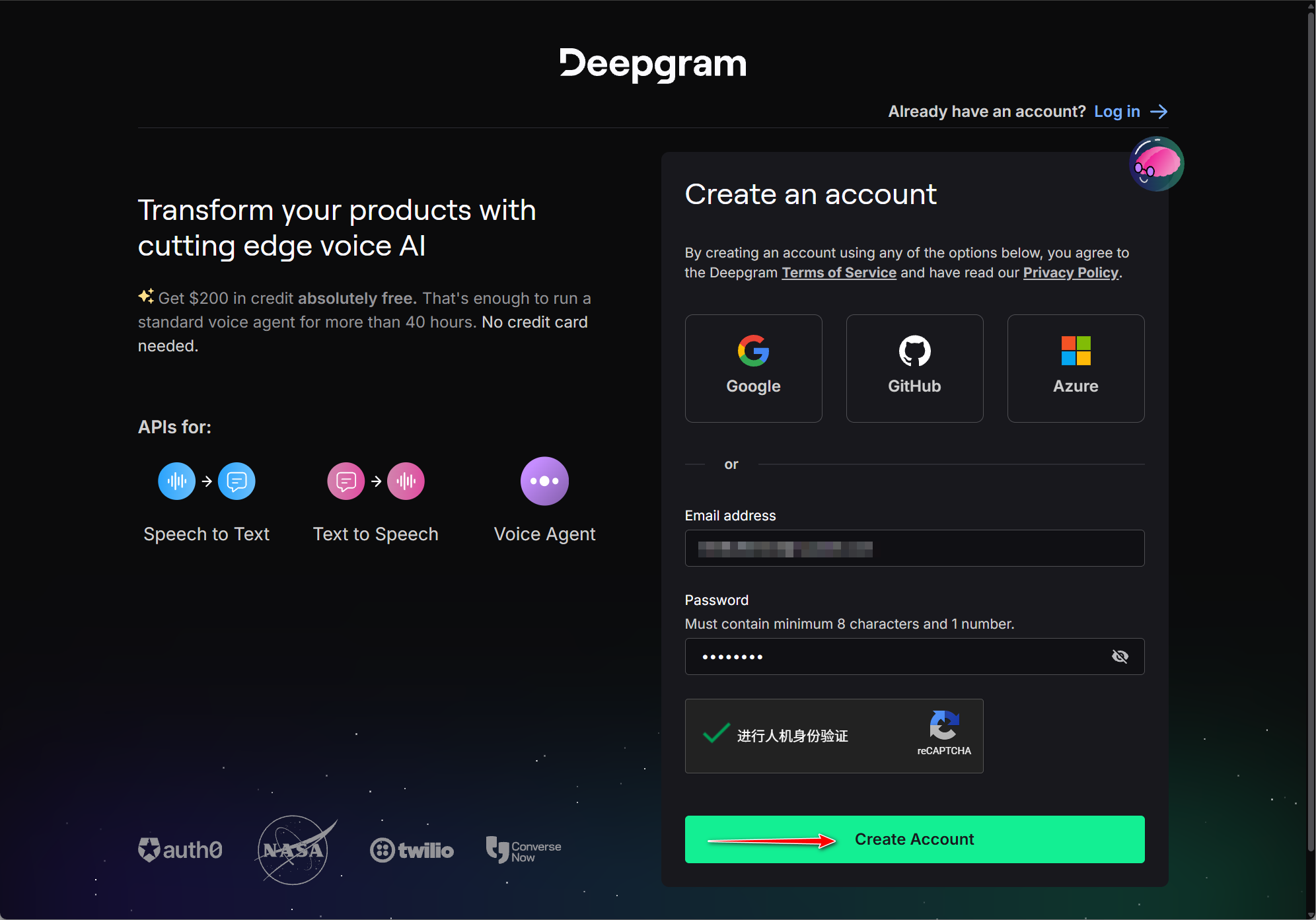 Deepgram signup — SSO or email registration