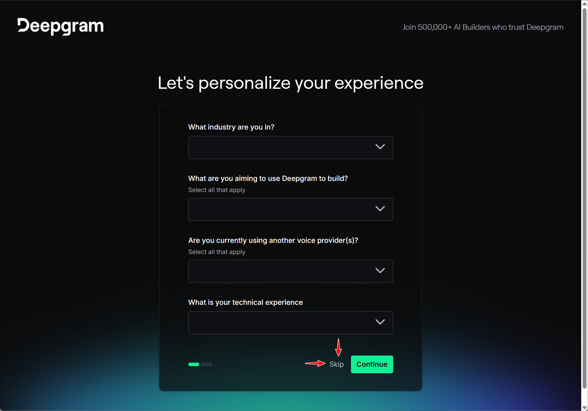Deepgram onboarding — click Skip