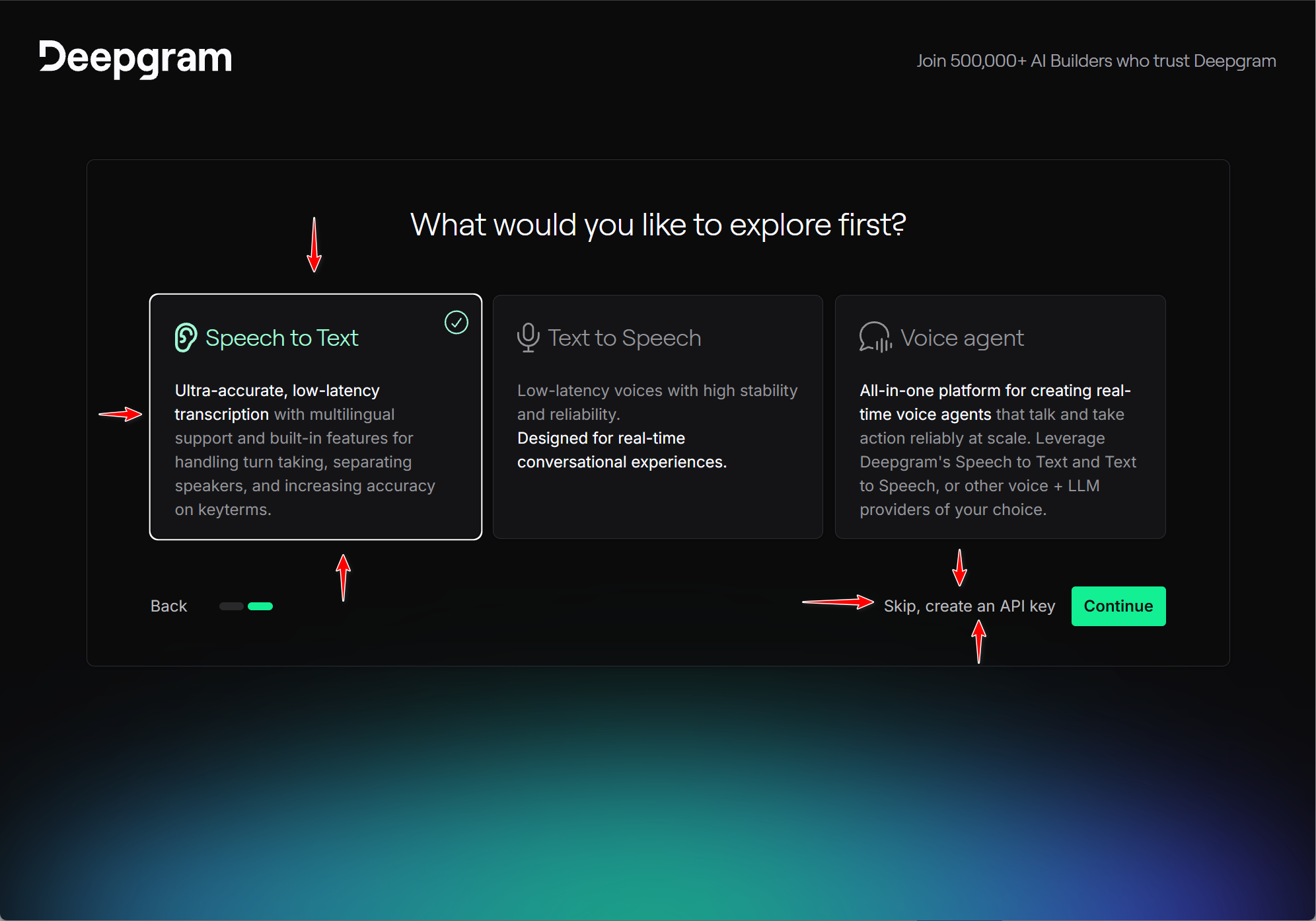 Choose Speech to Text, then Skip create an API key