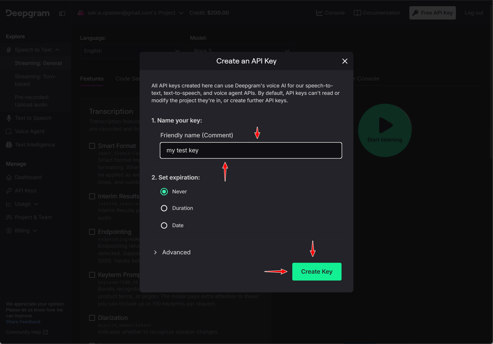 Create an API Key — name, Never expiry, Create Key