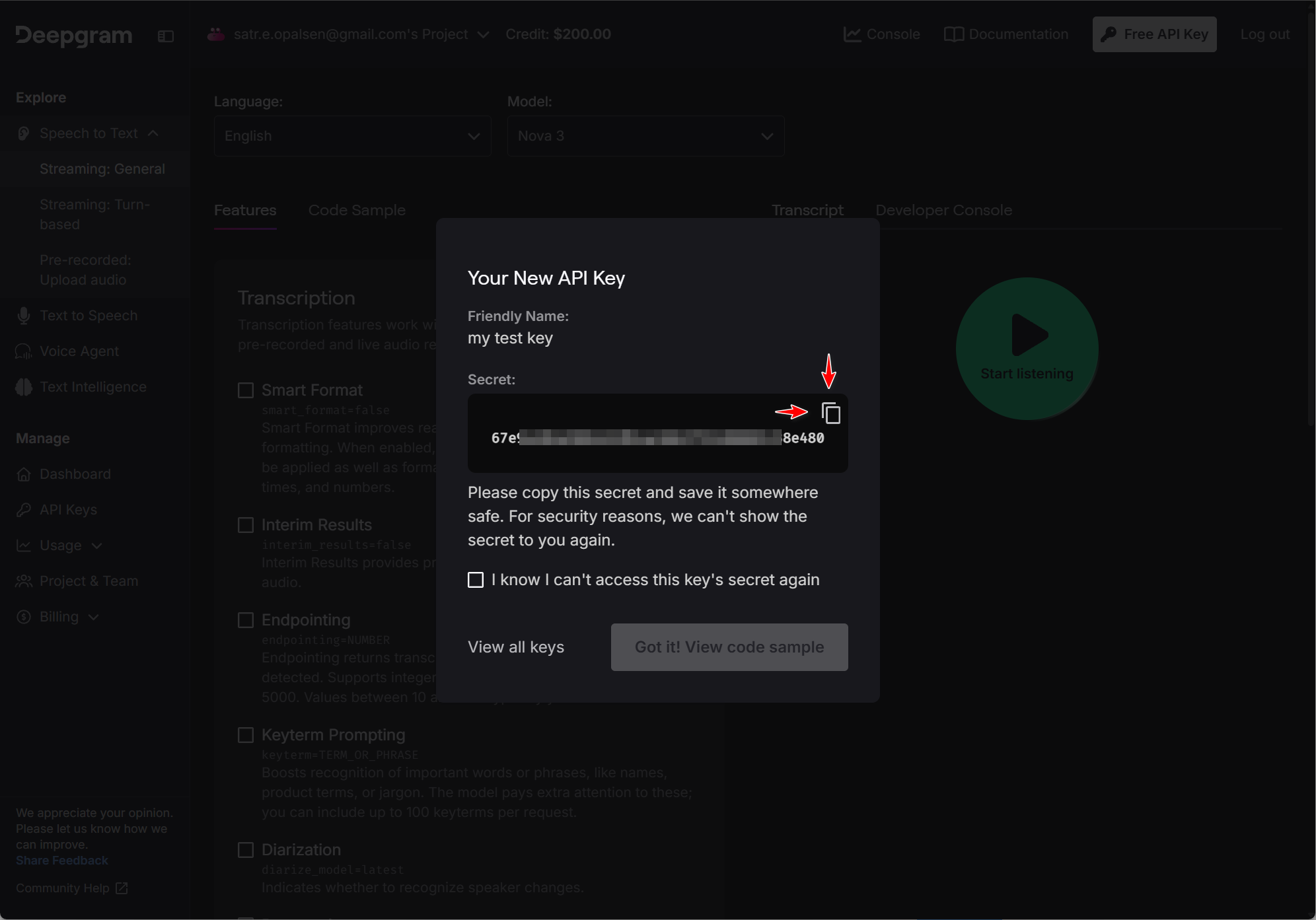 Copy the API key secret before closing the dialog