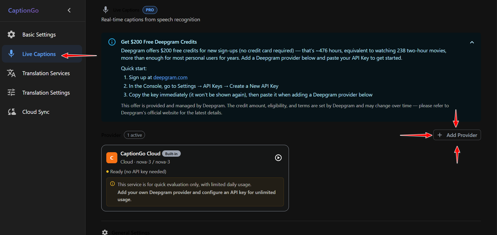 CaptionGo Live Captions — click Add Provider