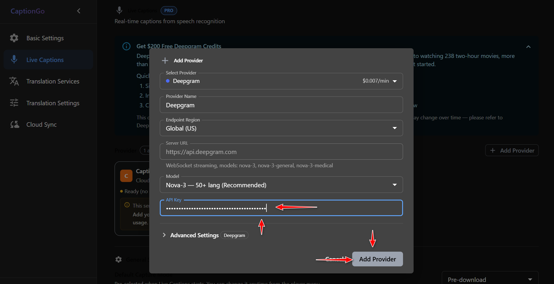 CaptionGo — Deepgram, Nova-3, and the API key