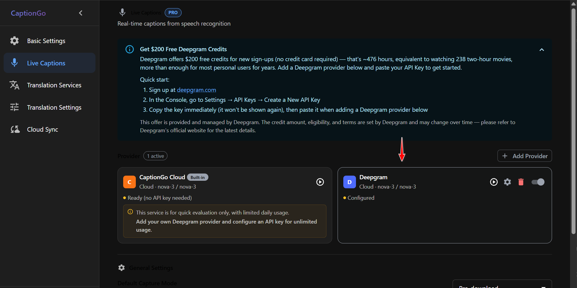 CaptionGo — Deepgram shows Configured
